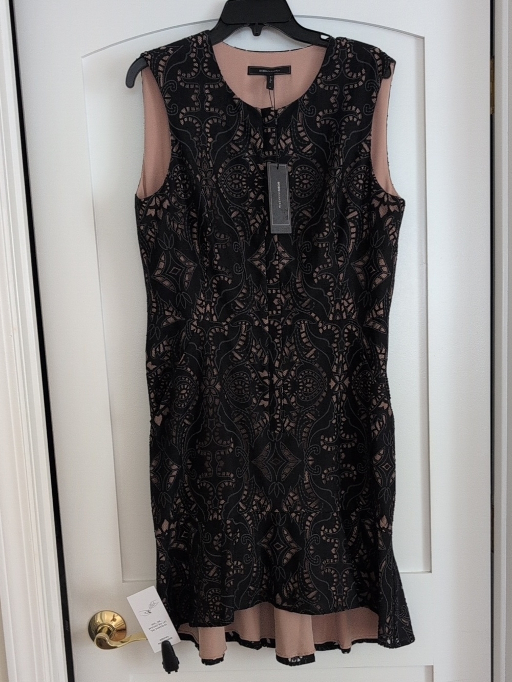 BCBGMaxAzria Black Lace Overlay Dress with Blush Underlay